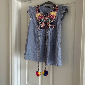 SHEIN Embroidered Boho Top with Pom Poms